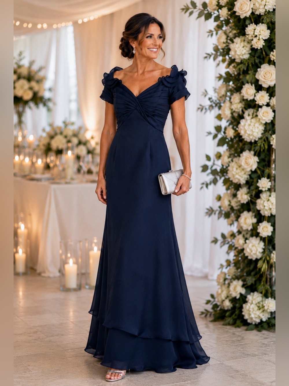 Elegant Navy Maxi Dress with Ruffled Shoulders